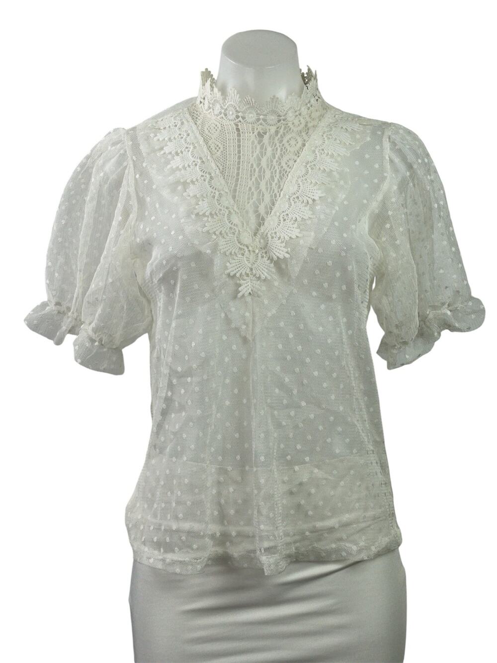 Haute Monde Women's White Short Puff Sleeves Ruffles Sheer Lace Blouse Top Sz S